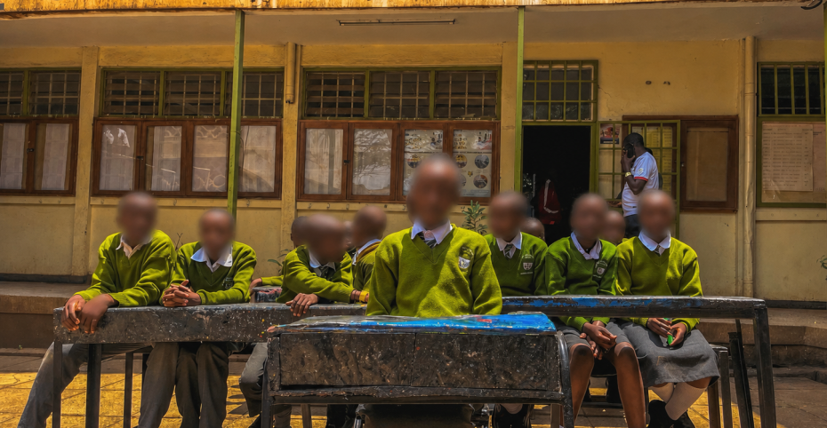 Learners at Olympic Primary School sit on desks made by plastic waste